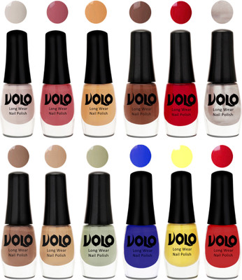 

Volo Color Rich Toxic Free Perfection Shine Nail Polish Set of 12 Flirty Nude, Tan, Ice Nude, Reddish Orange, Chrome Rust, Chocolate Brown, Dark Nude, Nude, Mischievous Mint, Red, Yellow, Royal Blue(Pack of 12)