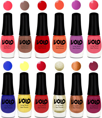 

Volo Color Rich Toxic Free Perfection Shine Nail Polish Set of 12 Carrot Red, Dark Nude, Red, Bright Plum, Coral, Light Pink, Red, Yellow, Royal Blue, Light Wine, Red Gold, Golden Chrome(Pack of 12)