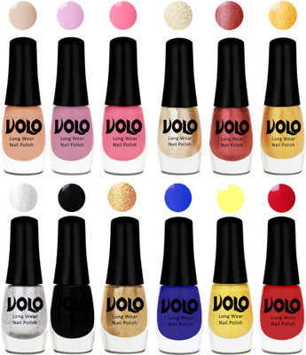 

Volo Color Rich Toxic Free Perfection Shine Nail Polish Set of 12 Light Purple, Light Pink, Pink Nude, Hot Lava, Gold Chrome, Light Golden, Metallic Silver, Black, Golden, Red, Yellow, Royal Blue(Pack of 12)