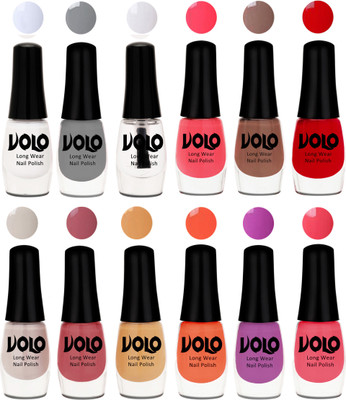 

Volo Color Rich Toxic Free Perfection Shine Nail Polish Set of 12 Matte White, Extra Shine Top Coat, Grey, Carrot Red, Dark Nude, Red, Flirty Nude, Tan, Ice Nude, Bright Plum, Coral, Light Pink(Pack of 12)