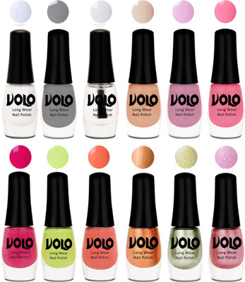 

Volo Color Rich Toxic Free Perfection Shine Nail Polish Set of 12 Matte White, Extra Shine Top Coat, Grey, Light Purple, Light Pink, Pink Nude, Parrot Green, Moon Magenta, Peach Crush, Bronze Magnetic, Metallic Pink, Chrome Olive Green(Pack of 12)