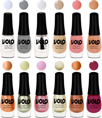 

Volo Color Rich Toxic Free Perfection Shine Nail Polish Set of 12 Matte White, Extra Shine Top Coat, Grey, Candy Cotton, Dark Nude, Nude, Bronze Magnetic, Metallic Pink, Chrome Olive Green, Light Wine, Red Gold, Golden Chrome(Pack of 12)