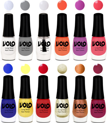 

Volo Color Rich Toxic Free Perfection Shine Nail Polish Set of 12 Matte White, Extra Shine Top Coat, Grey, Bright Plum, Coral, Light Pink, Red, Yellow, Royal Blue, Light Wine, Red Gold, Golden Chrome(Pack of 12)