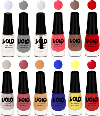 

Volo Color Rich Toxic Free Perfection Shine Nail Polish Set of 12 Matte White, Extra Shine Top Coat, Grey, Carrot Red, Dark Nude, Red, Flirty Nude, Tan, Ice Nude, Red, Yellow, Royal Blue(Pack of 12)