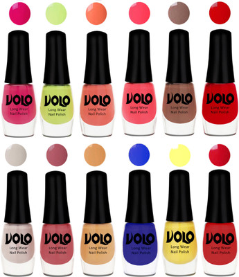 

Volo Color Rich Toxic Free Perfection Shine Nail Polish Set of 12 Parrot Green, Moon Magenta, Peach Crush, Carrot Red, Dark Nude, Red, Flirty Nude, Tan, Ice Nude, Red, Yellow, Royal Blue(Pack of 12)
