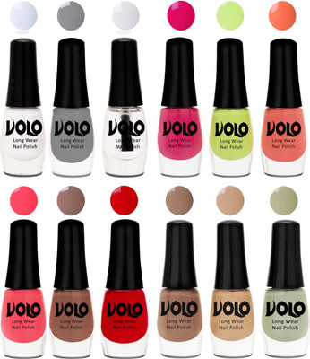 

Volo Color Rich Toxic Free Perfection Shine Nail Polish Set of 12 Matte White, Extra Shine Top Coat, Grey, Parrot Green, Moon Magenta, Peach Crush, Carrot Red, Dark Nude, Red, Dark Nude, Nude, Mischievous Mint(Pack of 12)