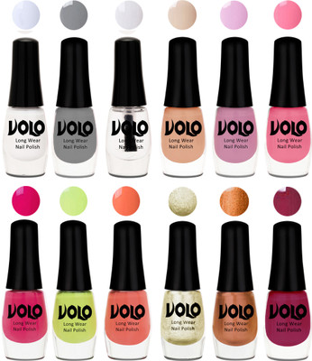 

Volo Color Rich Toxic Free Perfection Shine Nail Polish Set of 12 Matte White, Extra Shine Top Coat, Grey, Light Purple, Light Pink, Pink Nude, Parrot Green, Moon Magenta, Peach Crush, Light Wine, Red Gold, Golden Chrome(Pack of 12)