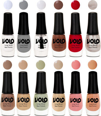 

Volo Color Rich Toxic Free Perfection Shine Nail Polish Set of 12 Matte White, Extra Shine Top Coat, Grey, Reddish Orange, Chrome Rust, Chocolate Brown, Dark Nude, Nude, Mischievous Mint, Candy Cotton, Dark Nude, Nude(Pack of 12)