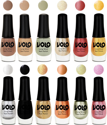 

Volo Color Rich Toxic Free Perfection Shine Nail Polish Set of 12 Dark Nude, Nude, Mischievous Mint, Hot Lava, Gold Chrome, Light Golden, Metallic Silver, Black, Golden, Bronze Magnetic, Metallic Pink, Chrome Olive Green(Pack of 12)