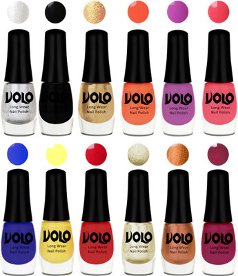 

Volo Color Rich Toxic Free Perfection Shine Nail Polish Set of 12 Metallic Silver, Black, Golden, Bright Plum, Coral, Light Pink, Red, Yellow, Royal Blue, Light Wine, Red Gold, Golden Chrome(Pack of 12)