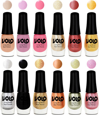 

Volo Color Rich Toxic Free Perfection Shine Nail Polish Set of 12 Light Purple, Light Pink, Pink Nude, Hot Lava, Gold Chrome, Light Golden, Metallic Silver, Black, Golden, Bronze Magnetic, Metallic Pink, Chrome Olive Green(Pack of 12)