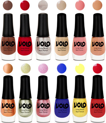 

Volo Color Rich Toxic Free Perfection Shine Nail Polish Set of 12 Reddish Orange, Chrome Rust, Chocolate Brown, Candy Cotton, Dark Nude, Nude, Bronze Magnetic, Metallic Pink, Chrome Olive Green, Red, Yellow, Royal Blue(Pack of 12)
