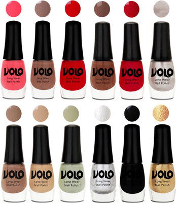 

Volo Color Rich Toxic Free Perfection Shine Nail Polish Set of 12 Carrot Red, Dark Nude, Red, Reddish Orange, Chrome Rust, Chocolate Brown, Dark Nude, Nude, Mischievous Mint, Metallic Silver, Black, Golden(Pack of 12)