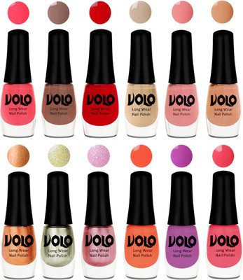 

Volo Color Rich Toxic Free Perfection Shine Nail Polish Set of 12 Carrot Red, Dark Nude, Red, Candy Cotton, Dark Nude, Nude, Bronze Magnetic, Metallic Pink, Chrome Olive Green, Bright Plum, Coral, Light Pink(Pack of 12)