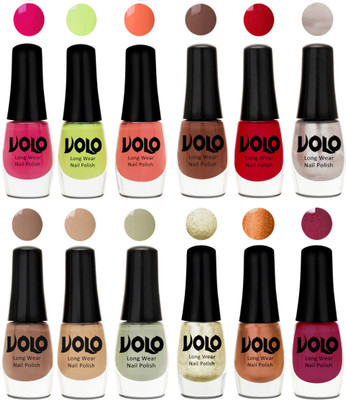 

Volo Color Rich Toxic Free Perfection Shine Nail Polish Set of 12 Parrot Green, Moon Magenta, Peach Crush, Reddish Orange, Chrome Rust, Chocolate Brown, Dark Nude, Nude, Mischievous Mint, Light Wine, Red Gold, Golden Chrome(Pack of 12)