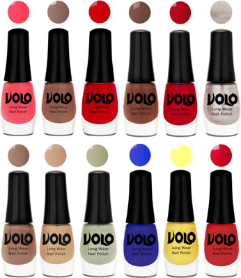 

Volo Color Rich Toxic Free Perfection Shine Nail Polish Set of 12 Carrot Red, Dark Nude, Red, Reddish Orange, Chrome Rust, Chocolate Brown, Dark Nude, Nude, Mischievous Mint, Red, Yellow, Royal Blue(Pack of 12)