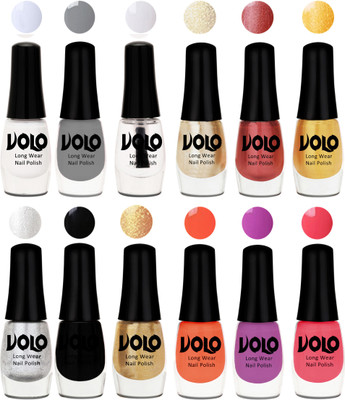 

Volo Color Rich Toxic Free Perfection Shine Nail Polish Set of 12 Matte White, Extra Shine Top Coat, Grey, Hot Lava, Gold Chrome, Light Golden, Metallic Silver, Black, Golden, Bright Plum, Coral, Light Pink(Pack of 12)