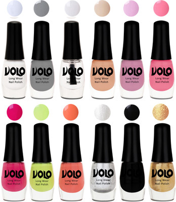 

Volo Color Rich Toxic Free Perfection Shine Nail Polish Set of 12 Matte White, Extra Shine Top Coat, Grey, Light Purple, Light Pink, Pink Nude, Parrot Green, Moon Magenta, Peach Crush, Metallic Silver, Black, Golden(Pack of 12)