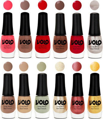 

Volo Color Rich Toxic Free Perfection Shine Nail Polish Set of 12 Carrot Red, Dark Nude, Red, Reddish Orange, Chrome Rust, Chocolate Brown, Dark Nude, Nude, Mischievous Mint, Hot Lava, Gold Chrome, Light Golden(Pack of 12)