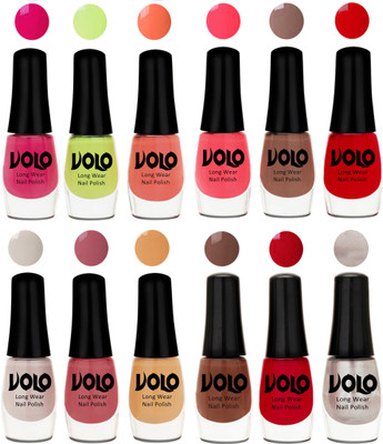 

Volo Color Rich Toxic Free Perfection Shine Nail Polish Set of 12 Parrot Green, Moon Magenta, Peach Crush, Carrot Red, Dark Nude, Red, Flirty Nude, Tan, Ice Nude, Reddish Orange, Chrome Rust, Chocolate Brown(Pack of 12)
