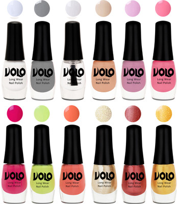 

Volo Color Rich Toxic Free Perfection Shine Nail Polish Set of 12 Matte White, Extra Shine Top Coat, Grey, Light Purple, Light Pink, Pink Nude, Parrot Green, Moon Magenta, Peach Crush, Hot Lava, Gold Chrome, Light Golden(Pack of 12)