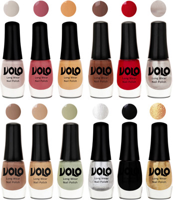 

Volo Color Rich Toxic Free Perfection Shine Nail Polish Set of 12 Flirty Nude, Tan, Ice Nude, Reddish Orange, Chrome Rust, Chocolate Brown, Dark Nude, Nude, Mischievous Mint, Metallic Silver, Black, Golden(Pack of 12)