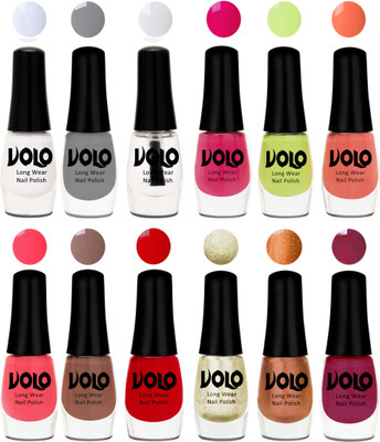 

Volo Color Rich Toxic Free Perfection Shine Nail Polish Set of 12 Matte White, Extra Shine Top Coat, Grey, Parrot Green, Moon Magenta, Peach Crush, Carrot Red, Dark Nude, Red, Light Wine, Red Gold, Golden Chrome(Pack of 12)