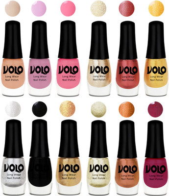 

Volo Color Rich Toxic Free Perfection Shine Nail Polish Set of 12 Light Purple, Light Pink, Pink Nude, Hot Lava, Gold Chrome, Light Golden, Metallic Silver, Black, Golden, Light Wine, Red Gold, Golden Chrome(Pack of 12)
