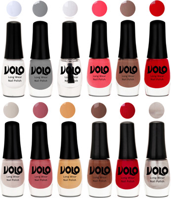

Volo Color Rich Toxic Free Perfection Shine Nail Polish Set of 12 Matte White, Extra Shine Top Coat, Grey, Carrot Red, Dark Nude, Red, Flirty Nude, Tan, Ice Nude, Reddish Orange, Chrome Rust, Chocolate Brown(Pack of 12)