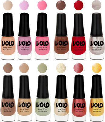 

Volo Color Rich Toxic Free Perfection Shine Nail Polish Set of 12 Light Purple, Light Pink, Pink Nude, Reddish Orange, Chrome Rust, Chocolate Brown, Dark Nude, Nude, Mischievous Mint, Hot Lava, Gold Chrome, Light Golden(Pack of 12)