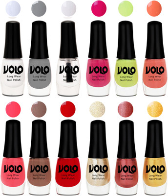 

Volo Color Rich Toxic Free Perfection Shine Nail Polish Set of 12 Matte White, Extra Shine Top Coat, Grey, Parrot Green, Moon Magenta, Peach Crush, Carrot Red, Dark Nude, Red, Hot Lava, Gold Chrome, Light Golden(Pack of 12)