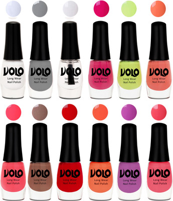 

Volo Color Rich Toxic Free Perfection Shine Nail Polish Set of 12 Matte White, Extra Shine Top Coat, Grey, Parrot Green, Moon Magenta, Peach Crush, Carrot Red, Dark Nude, Red, Bright Plum, Coral, Light Pink(Pack of 12)