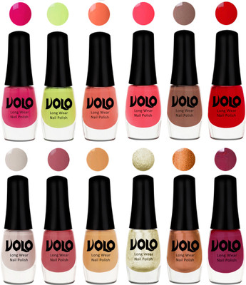 

Volo Color Rich Toxic Free Perfection Shine Nail Polish Set of 12 Parrot Green, Moon Magenta, Peach Crush, Carrot Red, Dark Nude, Red, Flirty Nude, Tan, Ice Nude, Light Wine, Red Gold, Golden Chrome(Pack of 12)