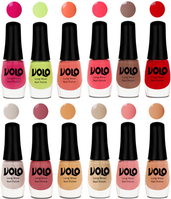 

Volo Color Rich Toxic Free Perfection Shine Nail Polish Set of 12 Parrot Green, Moon Magenta, Peach Crush, Carrot Red, Dark Nude, Red, Flirty Nude, Tan, Ice Nude, Candy Cotton, Dark Nude, Nude(Pack of 12)