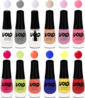 

Volo Color Rich Toxic Free Perfection Shine Nail Polish Set of 12 Matte White, Extra Shine Top Coat, Grey, Light Purple, Light Pink, Pink Nude, Parrot Green, Moon Magenta, Peach Crush, Red, Yellow, Royal Blue(Pack of 12)