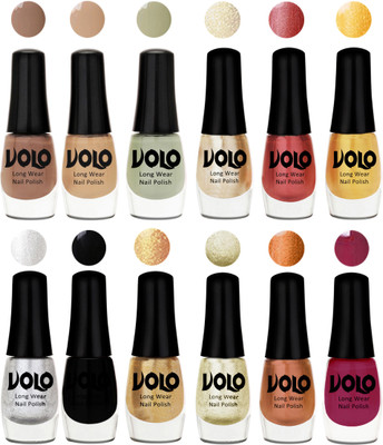 

Volo Color Rich Toxic Free Perfection Shine Nail Polish Set of 12 Dark Nude, Nude, Mischievous Mint, Hot Lava, Gold Chrome, Light Golden, Metallic Silver, Black, Golden, Light Wine, Red Gold, Golden Chrome(Pack of 12)