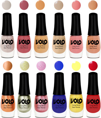 

Volo Color Rich Toxic Free Perfection Shine Nail Polish Set of 12 Flirty Nude, Tan, Ice Nude, Candy Cotton, Dark Nude, Nude, Bronze Magnetic, Metallic Pink, Chrome Olive Green, Red, Yellow, Royal Blue(Pack of 12)