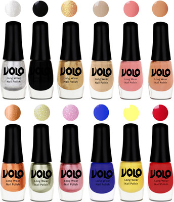 

Volo Color Rich Toxic Free Perfection Shine Nail Polish Set of 12 Metallic Silver, Black, Golden, Candy Cotton, Dark Nude, Nude, Bronze Magnetic, Metallic Pink, Chrome Olive Green, Red, Yellow, Royal Blue(Pack of 12)