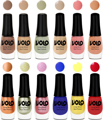 

Volo Color Rich Toxic Free Perfection Shine Nail Polish Set of 12 Dark Nude, Nude, Mischievous Mint, Candy Cotton, Dark Nude, Nude, Bronze Magnetic, Metallic Pink, Chrome Olive Green, Red, Yellow, Royal Blue(Pack of 12)