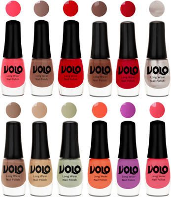 

Volo Color Rich Toxic Free Perfection Shine Nail Polish Set of 12 Carrot Red, Dark Nude, Red, Reddish Orange, Chrome Rust, Chocolate Brown, Dark Nude, Nude, Mischievous Mint, Bright Plum, Coral, Light Pink(Pack of 12)