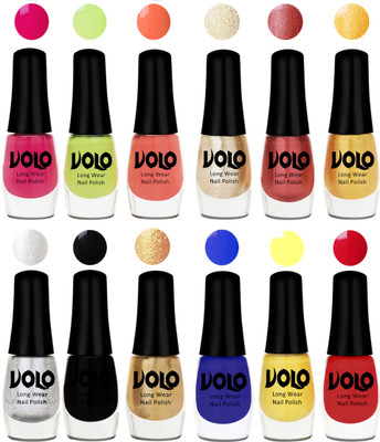 

Volo Color Rich Toxic Free Perfection Shine Nail Polish Set of 12 Parrot Green, Moon Magenta, Peach Crush, Hot Lava, Gold Chrome, Light Golden, Metallic Silver, Black, Golden, Red, Yellow, Royal Blue(Pack of 12)