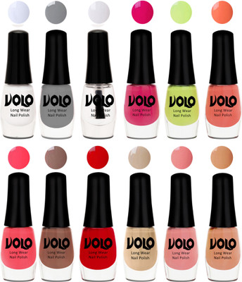 

Volo Color Rich Toxic Free Perfection Shine Nail Polish Set of 12 Matte White, Extra Shine Top Coat, Grey, Parrot Green, Moon Magenta, Peach Crush, Carrot Red, Dark Nude, Red, Candy Cotton, Dark Nude, Nude(Pack of 12)