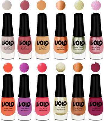 

Volo Color Rich Toxic Free Perfection Shine Nail Polish Set of 12 Flirty Nude, Tan, Ice Nude, Bronze Magnetic, Metallic Pink, Chrome Olive Green, Bright Plum, Coral, Light Pink, Light Wine, Red Gold, Golden Chrome(Pack of 12)