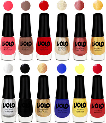 

Volo Color Rich Toxic Free Perfection Shine Nail Polish Set of 12 Carrot Red, Dark Nude, Red, Hot Lava, Gold Chrome, Light Golden, Metallic Silver, Black, Golden, Red, Yellow, Royal Blue(Pack of 12)