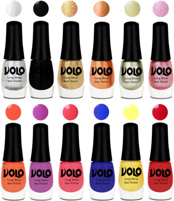 

Volo Color Rich Toxic Free Perfection Shine Nail Polish Set of 12 Metallic Silver, Black, Golden, Bronze Magnetic, Metallic Pink, Chrome Olive Green, Bright Plum, Coral, Light Pink, Red, Yellow, Royal Blue(Pack of 12)