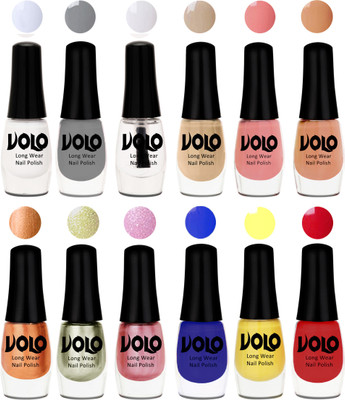 

Volo Color Rich Toxic Free Perfection Shine Nail Polish Set of 12 Matte White, Extra Shine Top Coat, Grey, Candy Cotton, Dark Nude, Nude, Bronze Magnetic, Metallic Pink, Chrome Olive Green, Red, Yellow, Royal Blue(Pack of 12)