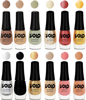 

Volo Color Rich Toxic Free Perfection Shine Nail Polish Set of 12 Dark Nude, Nude, Mischievous Mint, Hot Lava, Gold Chrome, Light Golden, Metallic Silver, Black, Golden, Candy Cotton, Dark Nude, Nude(Pack of 12)
