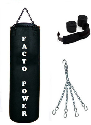 

FACTO POWER 1.5 Feet Long, CANVAS Material, BLACK Color, Unfilled with Chain & 9 Feet Long Black Color Hand Wraps Pair Hanging Bag(1.5, 18 kg)