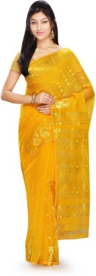 Ophelia Bridals Embroidered, Embellished, Woven Jamdani Handloom Cotton Blend Saree(Yellow)