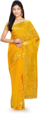 Ophelia Bridals Embroidered, Embellished, Woven Jamdani Handloom Cotton Blend Saree(Yellow)